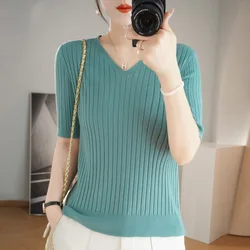 2024 new Women's Clothing Pullovers Sweaters Spring Summer New V-neck Short sleeved Knitted Shirt Base Shirt Solid Color Jumpers