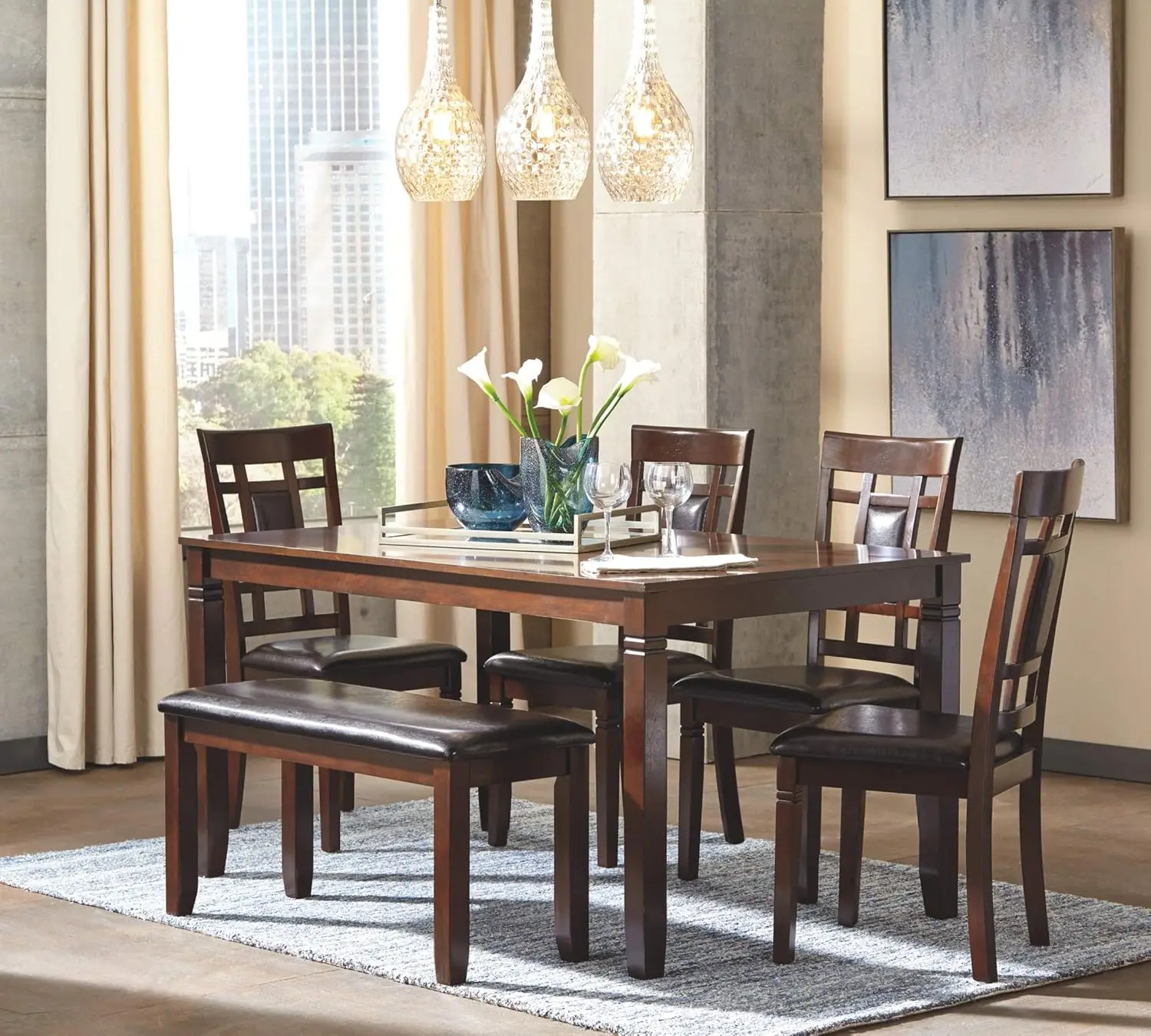 Dining Room Set, Includes Table, 4 18" Chairs & Bench, Brown