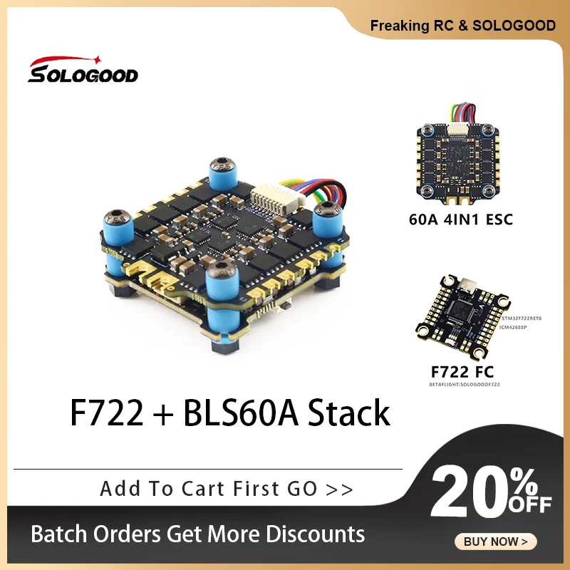 

SoloGood F722 Flight Controller V1.0 BLHeli_S 60A 30.5*30.5mm Flight Stack Suitable for FPV X8 Drone
