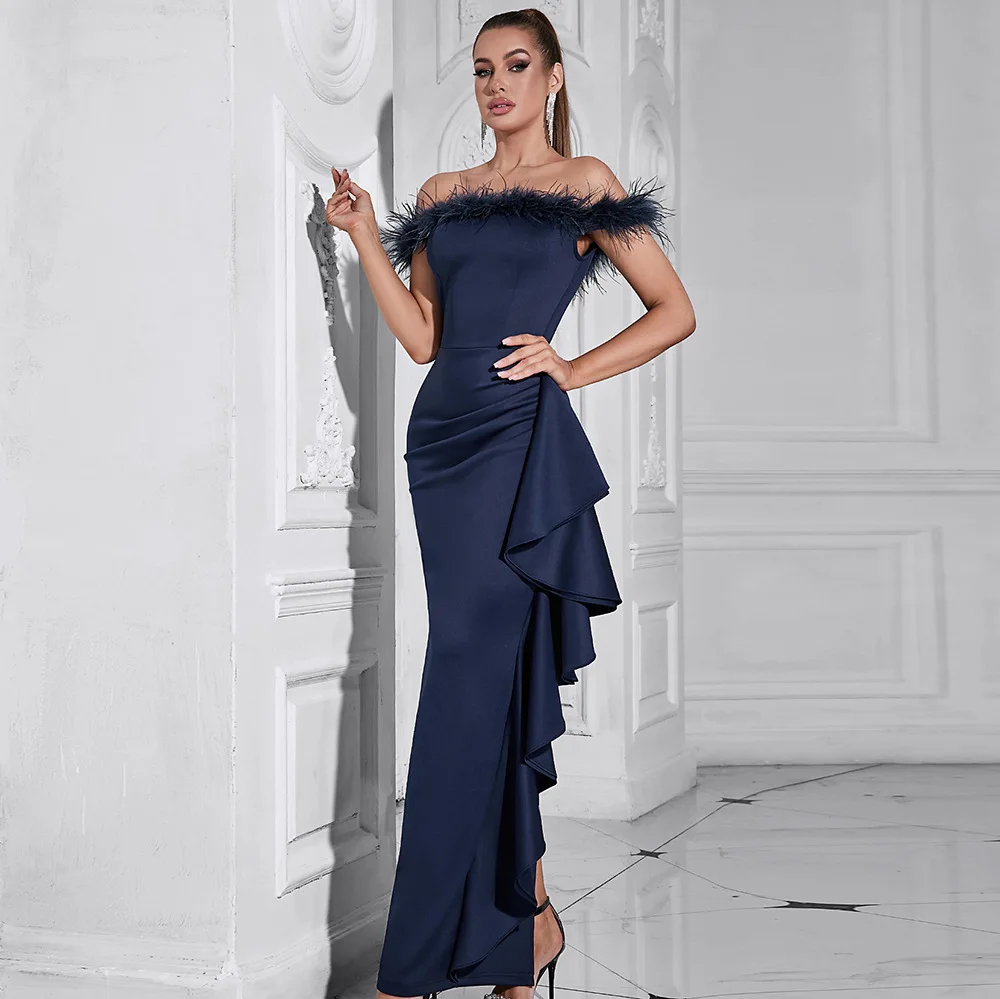

Sexy one-word collar shoulder spill ruffle pleated slim dress dress dress party sexy temperament elegant high-end clothing dance