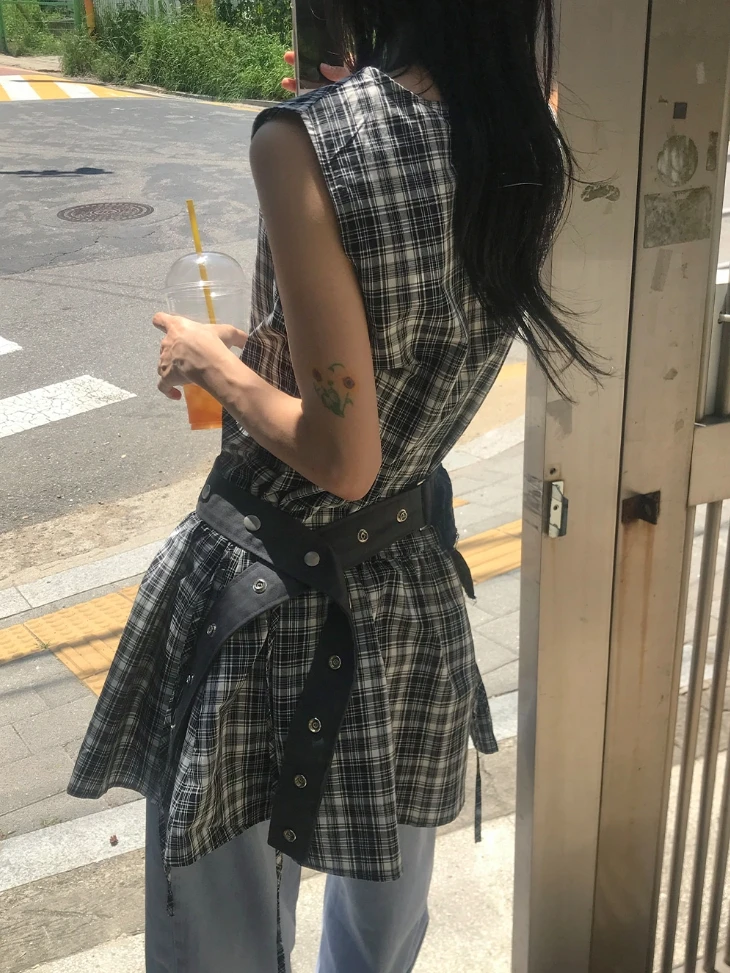 Dames Plaid Svel Vest Dr Hoge Taille A-lijn ort Rok Trendy Dstring Afslanken ter Ne Zomer Katoen Dr