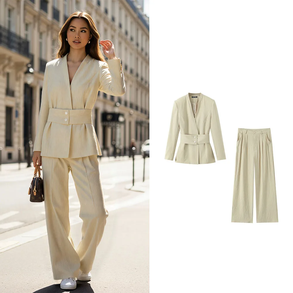 

Новая женская одежда, простая и модная с поясом, пиджак с длинными рукавами, повседневный комплект брюк с прямыми штанинами.