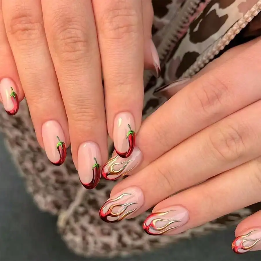 

24Pcs Western Boho Red Chili 3D Gold Press On Nails, Jelly Glue & Nail File, Free Shipping
