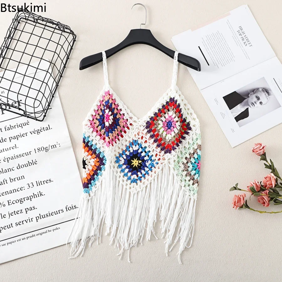 2024 Women\'s Tassel Vest Suspenders Summer Ethnic Style Retro Embroidery Camisole V-neck Travel All-match Knitted Hollow Tops