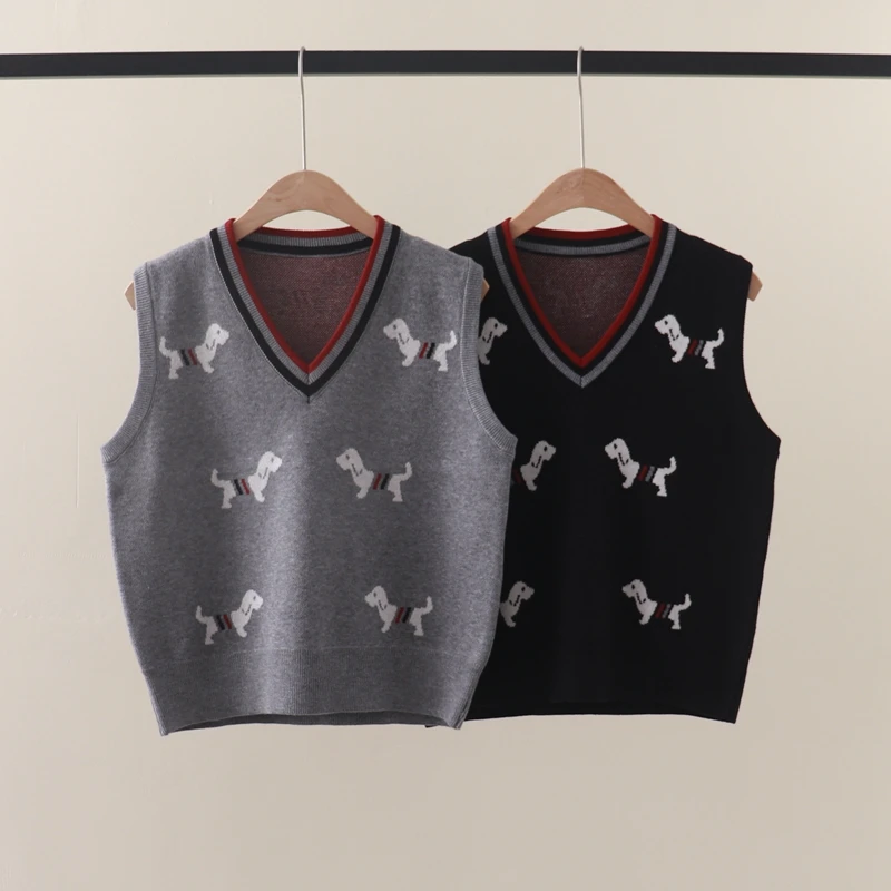 Autumn and Winter New TB Full body Dog Jacquard V-neck Contrast Sleeveless Knitted Top and Vest Versatile