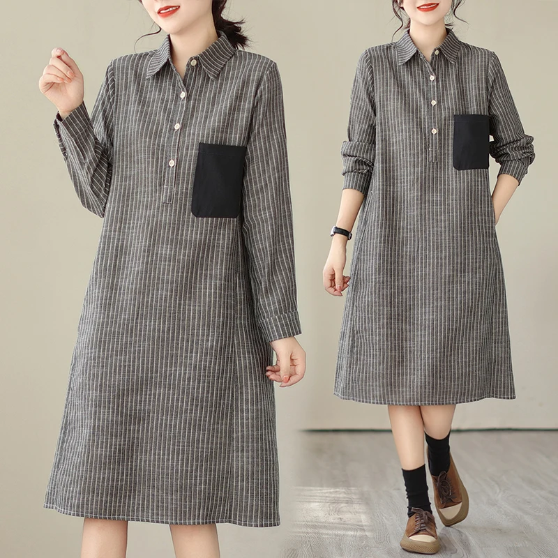 NYFS 2023 Autumn New Korea Woman Dress Vestidos Robe Ete Femme Elbise Loose Cotton Linen Striped Long Sleeve Dresses