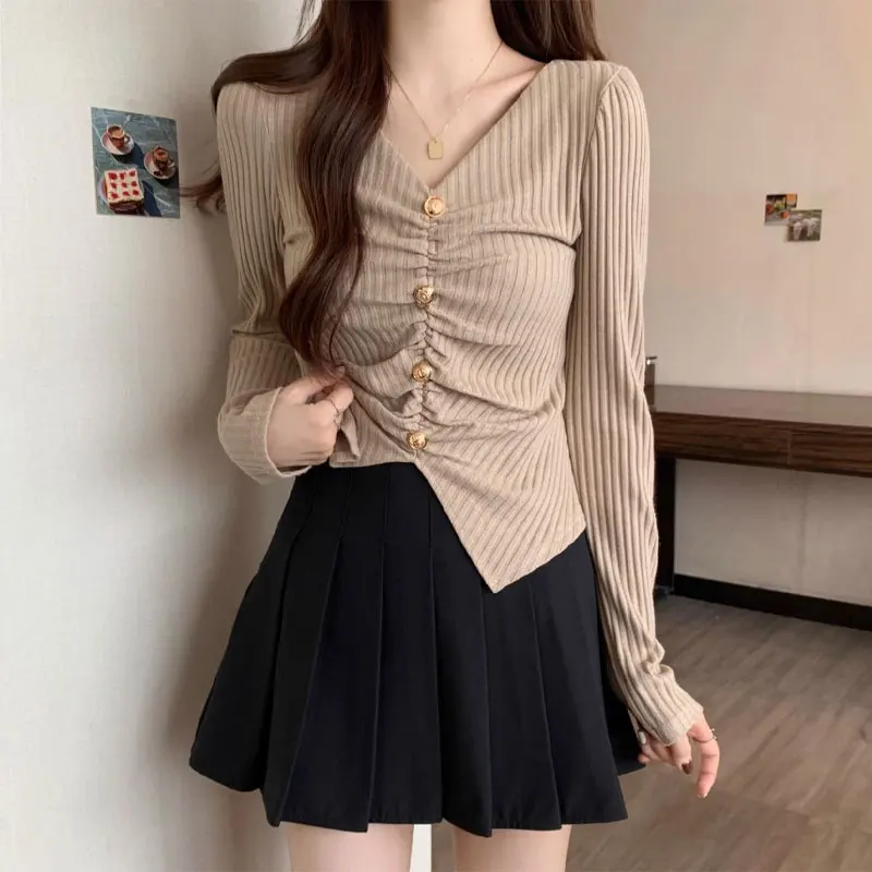 

Spring Autumn V-Neck Pullovers Slim Stylish Folds Button Female Clothing Basic Solid Color Irregular Commute Long Sleeve T-shirt