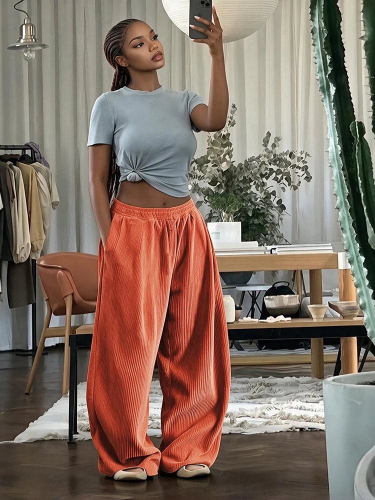 Weird Puss Lässige, bequeme lange Hose für Damen, Herbsttrend, elastische, hochtaillierte, einfarbige, schlichte, Oversize-Style, klassische Streetwear – Detail 18