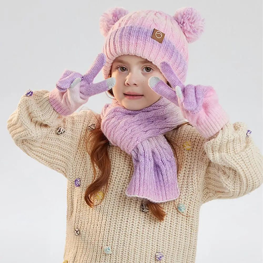 

3pcs Set of Anti Cold Winter Hats Scarves Gloves Ear Protection Gradient Color Pom Beanies Outdoor Keep Warm Cap For Girl Boy