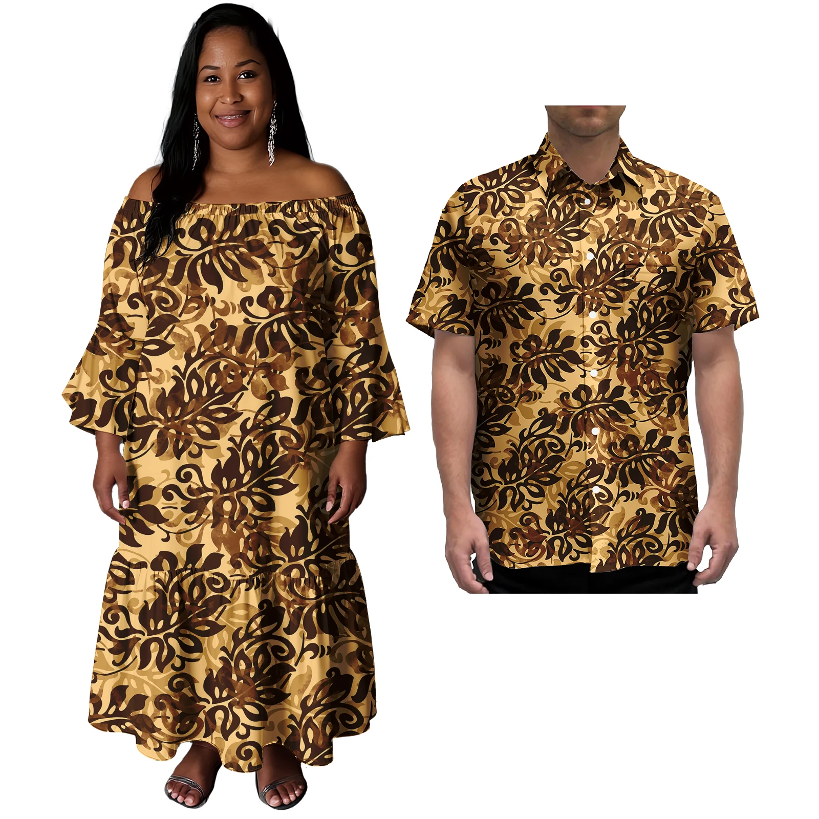 ล่าสุดซามัวคู่เสื้อผ้า Polynesian Tropical พิมพ์ชุดลําลองสตรีสไตล์เกาะพร้อมเสื้อฮาวายผู้ชายที่ตรงกัน