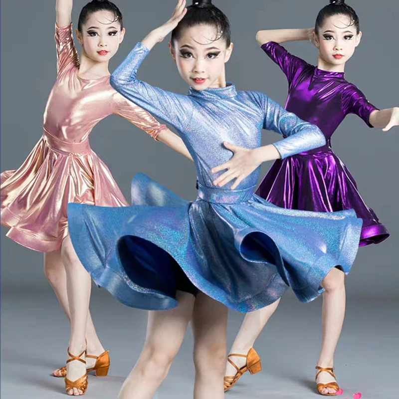 Kids Shiny Glossy Latin Dance Dress Girl Pearlescent Big Swing  Dance Dress Rumba Samba Latin Practice Performance Dance Costume