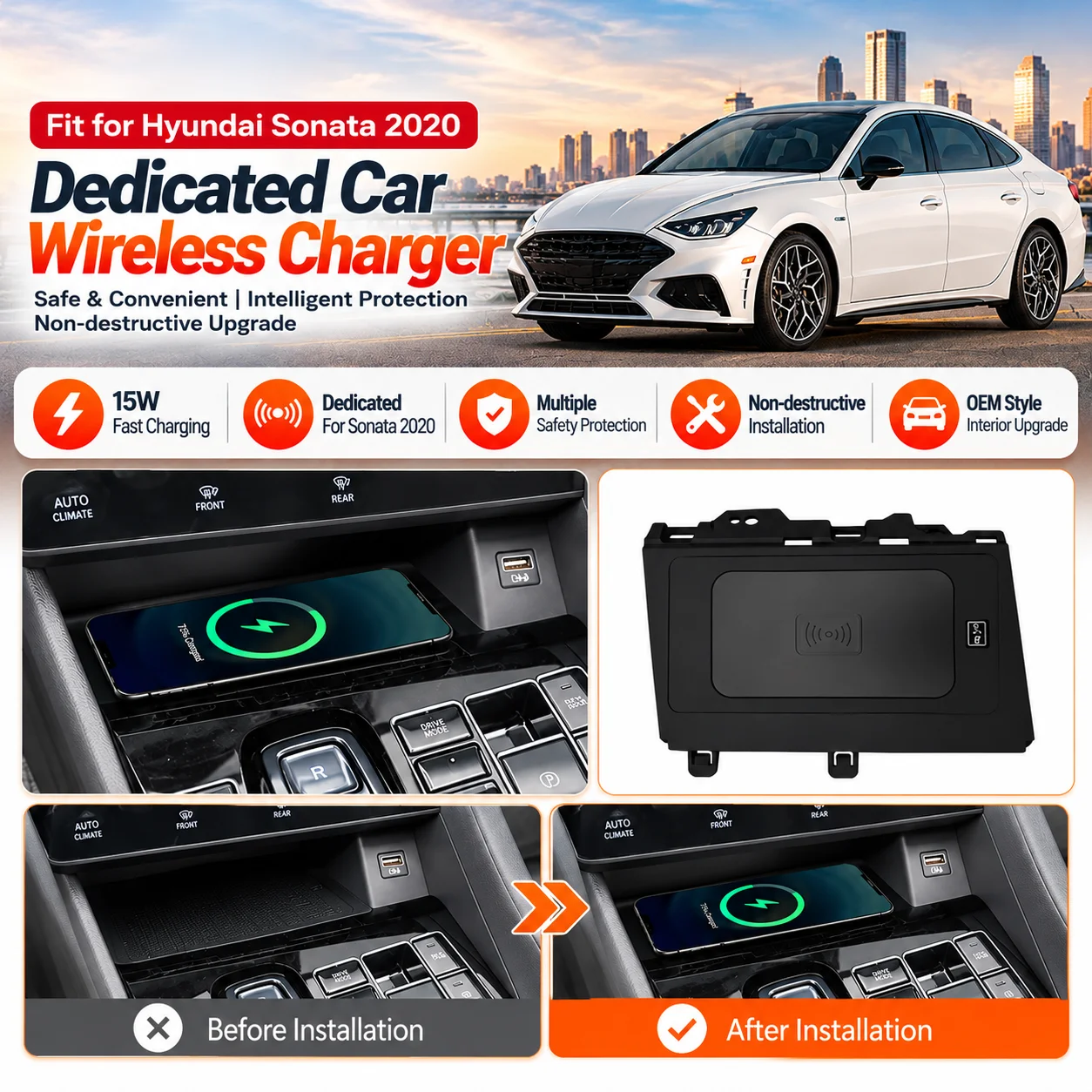 Center Console Wireless Charging Panel For Hyundai Sonata 2020 15W Fast Phone Charger Interior Upgrade Accessories