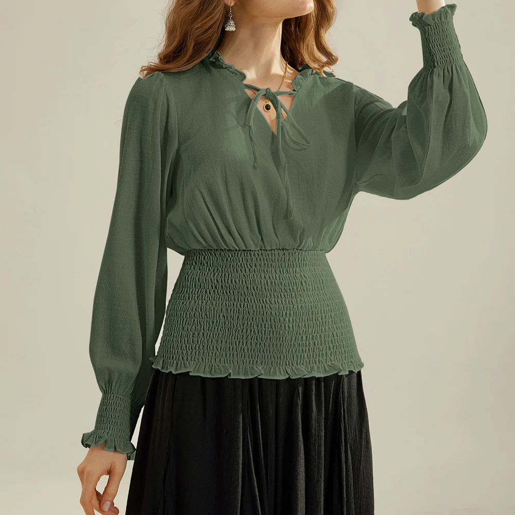 SD Women Blouse Vintage Renaissance Slim Fit Tight Smocked Waist Blouses Spring Autumn Long Sleeve Lace Up V-Neck Pullover Tops