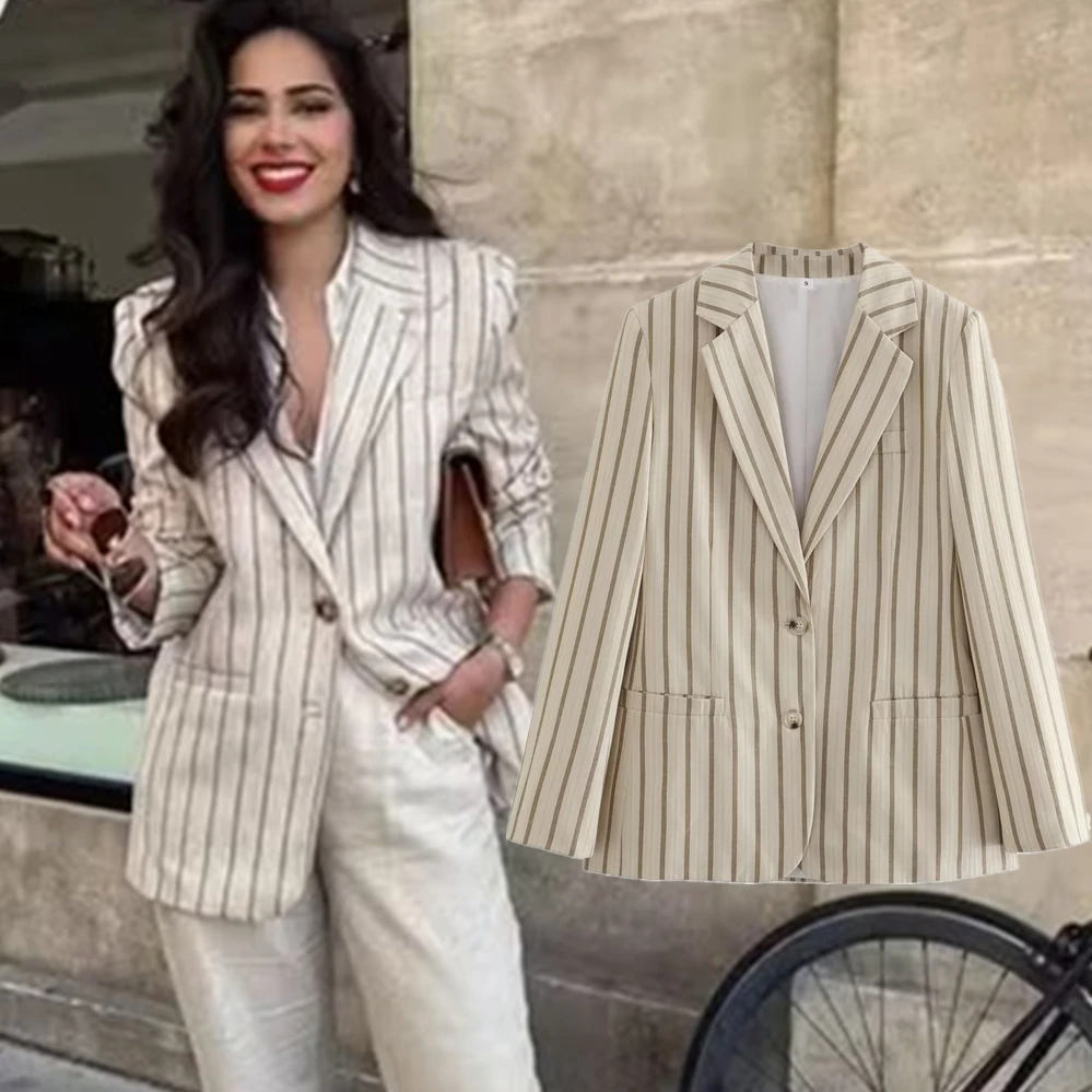 

Withered 2023 New Fashion Ladies Retro Beige Blazers Ins Blogger Striped Casual Suit Jacket