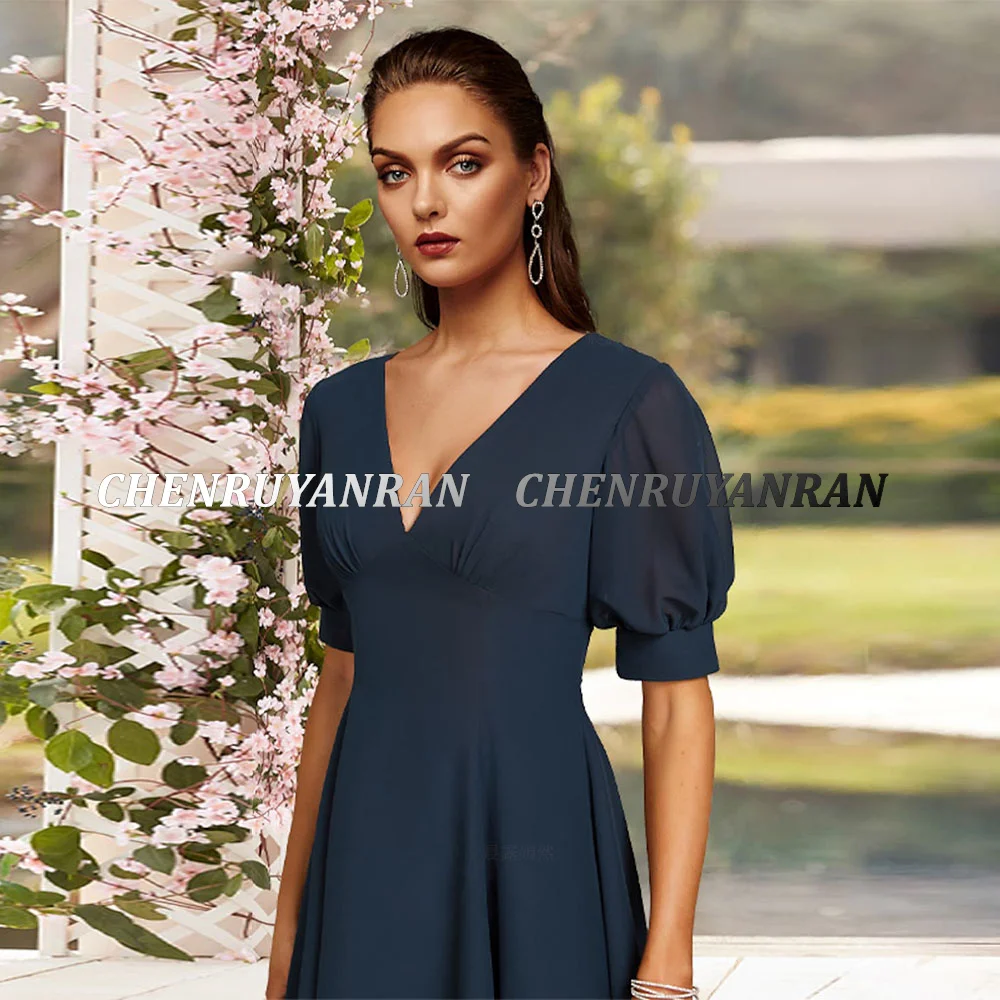 Chiffon Mother of the Bride Dresses 2025 V-Neck Simple Wedding Guest Gowns Tea-Length Blue Elegant Dress Women For Wedding Party