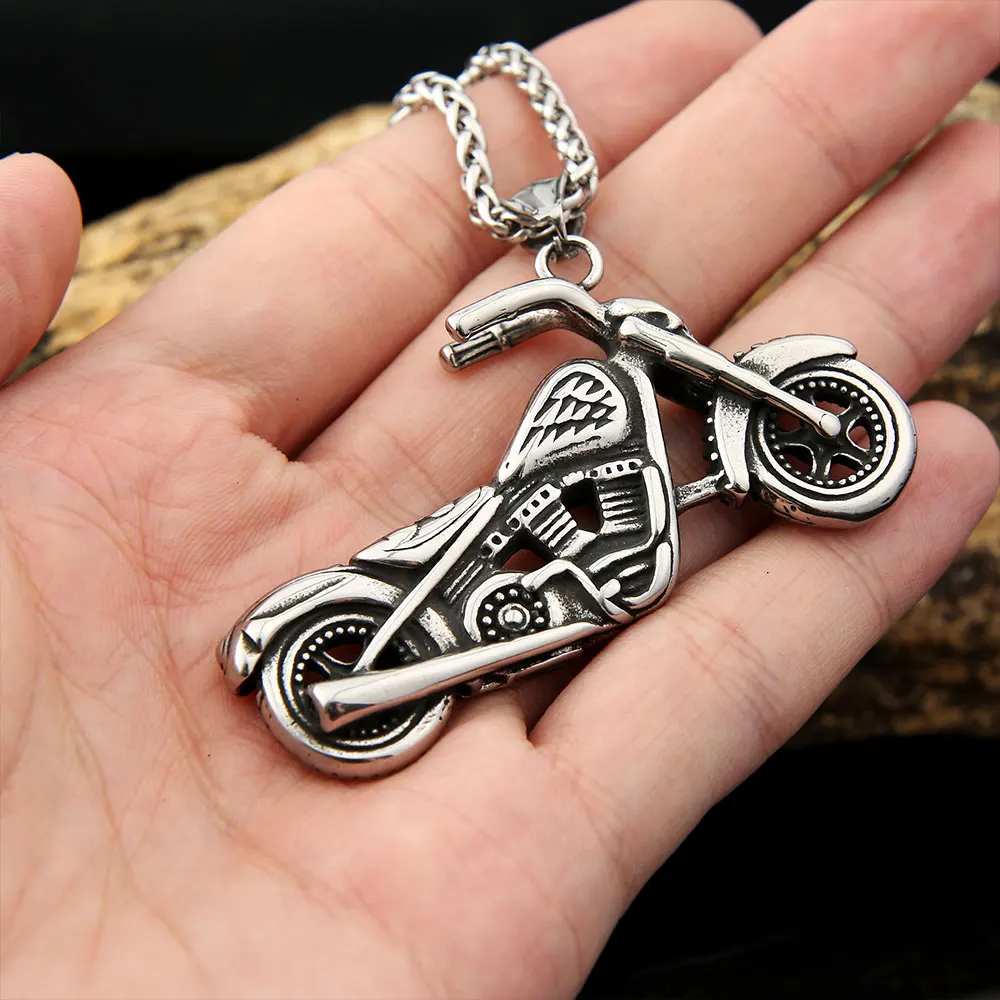 Punk Motorcycle Pendant Necklace Hip Hop Rider Biker Long Necklace Men Women Stainless Steel Jewelry Best Gift for Boyfriend