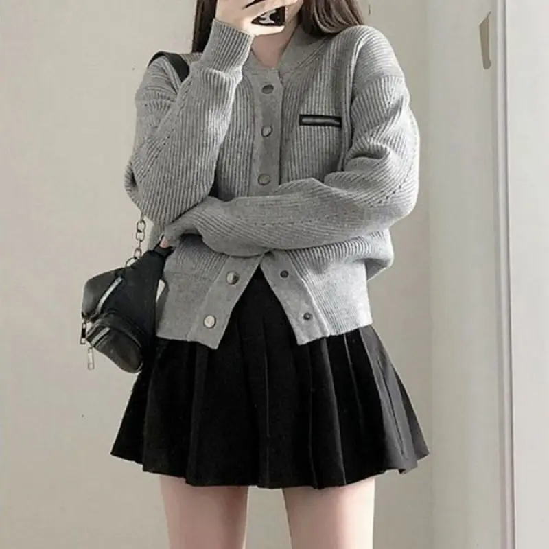 Grey z dzianiny w stylu Casual sweter damski podstawowy długi sweter z rękawem topy koreańska moda elegancki sweter czysty kolor 2023 jesienny