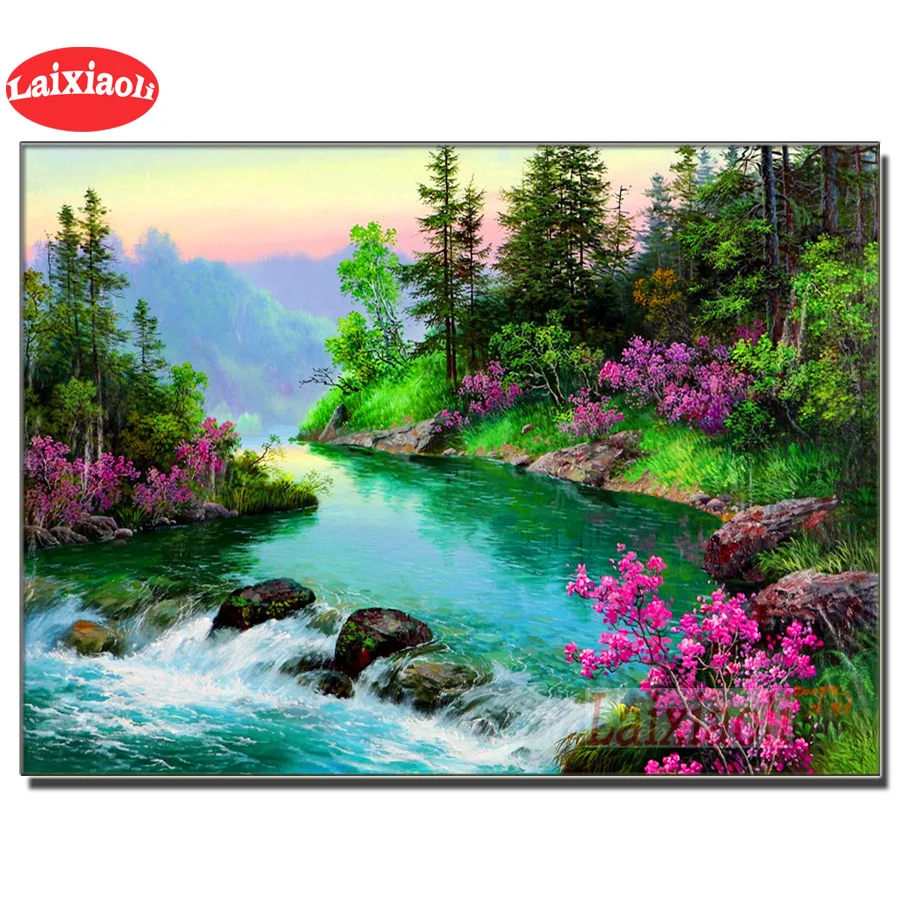 

Diamond Painting spring natural river flower landscape 5d Diamond Mosaic Cross Stitch Handmade Rhinestones Pictures Home Decor