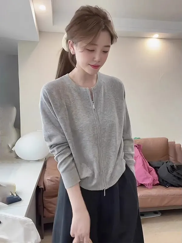 더블 지퍼 얇은 롱 니트 스웨터 여성용 루즈핏 봄 가을 가디건 아우터웨어 레이지 패션 탑