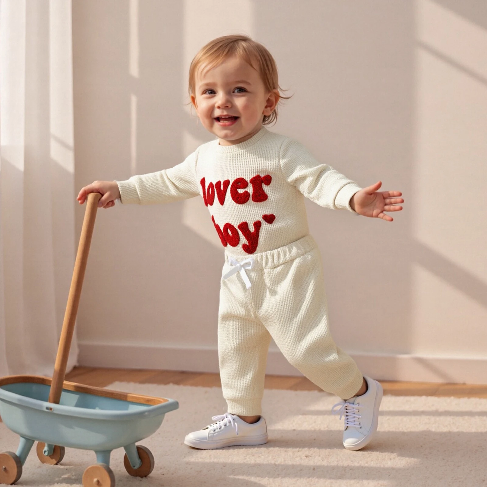 ملابس ربيعية للأطفال الأولاد مطرزة بأحرف وأكمام طويلة رومبير بلون سادة وسراويل طويلة مكونة من قطعتين