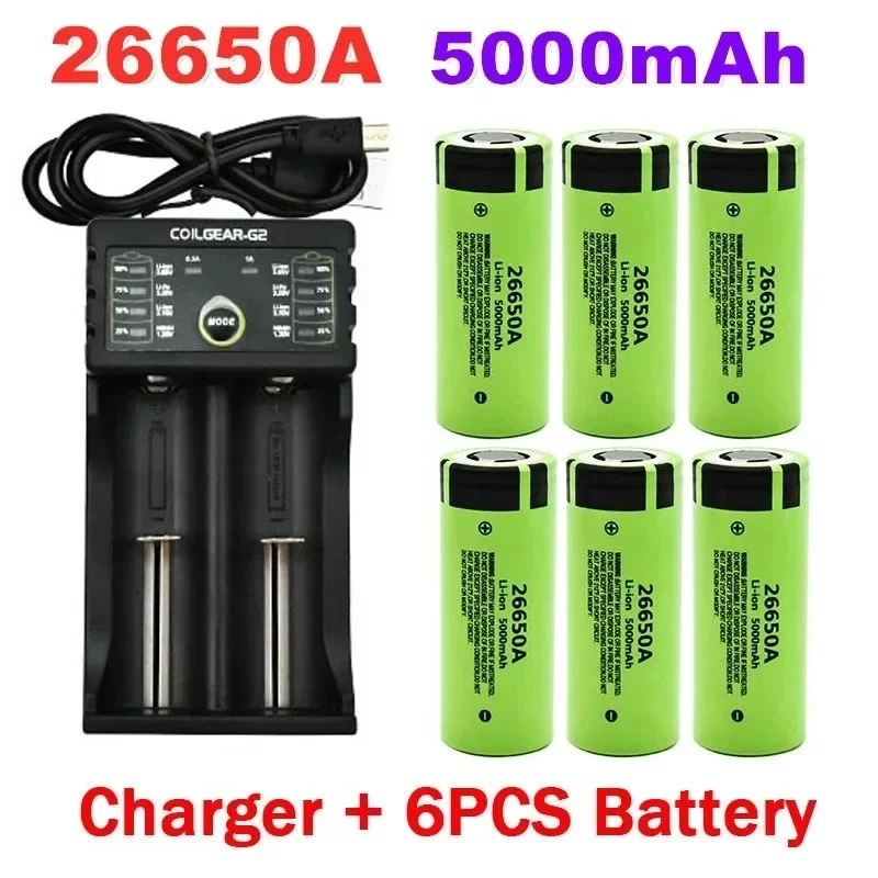 100% New Original high quality 26650A battery 5000mAh 3.7V 50A lithium ion rechargeable  LED flashlight+charger