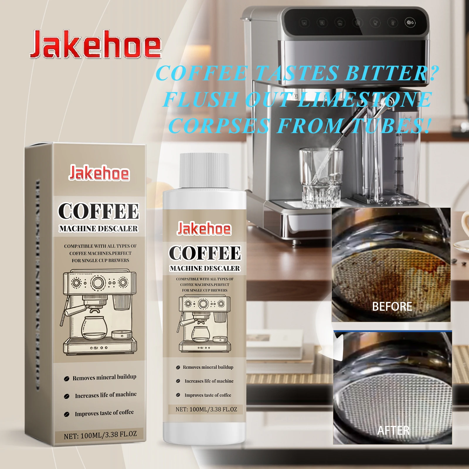 Jakehoe 100ml Coffee Machine Cleaner Descaling Solution for Espresso Drip Makers Removes Mineral Build up Coffee Oils Food Safe