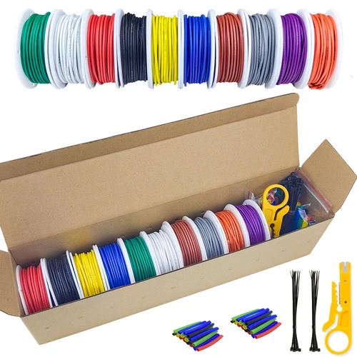 Cable eléctrico de silicona de calibre 16-18-20-22-24-26-28-30, 10 colores en uno, Kit de cables de conexión de cobre estañado trenzado de 22 AWG con herramientas
