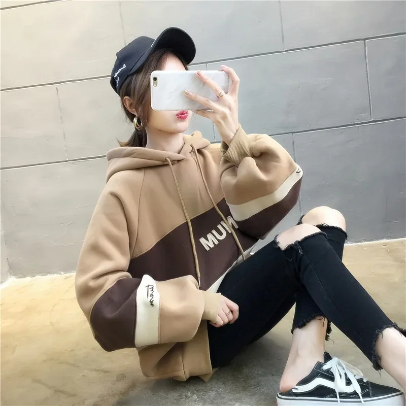 Women 2021 Harajuku Casual Long Sleeve Pullover Hooded Sweatshirt Loose Thickening Female Candy Sweatshirt Tops Letter Hoodies
