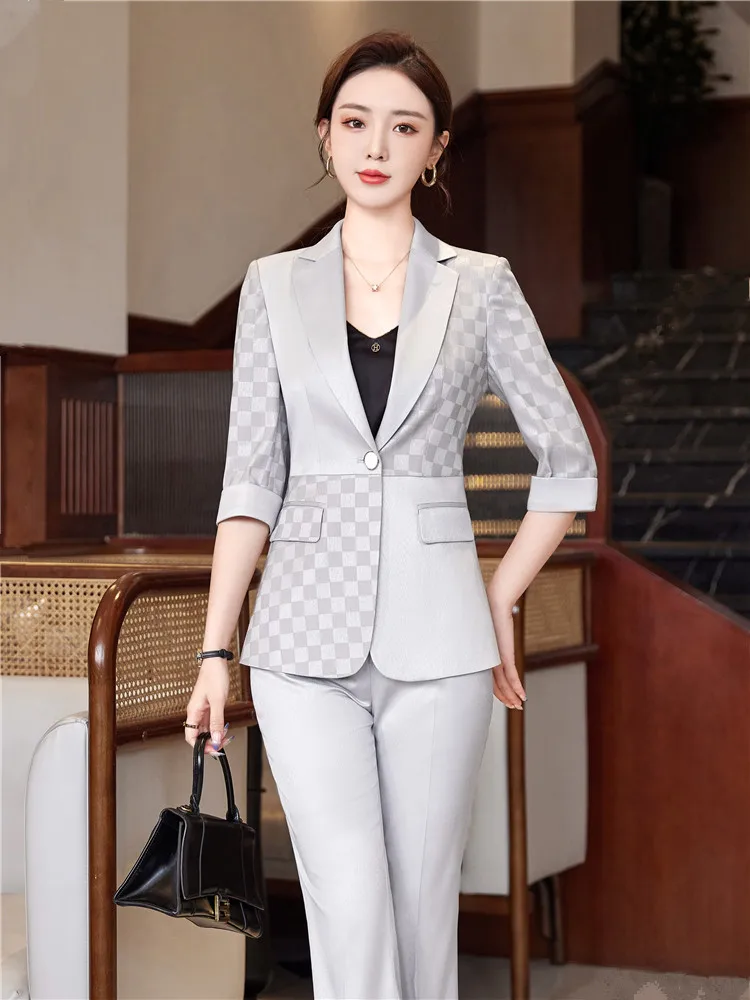 Summer Pants Sets For Women 2 Piece Set Half Sleeve Blazer &Trousers Suit Gray White Hight Quality Chic Elegant Business Outfit