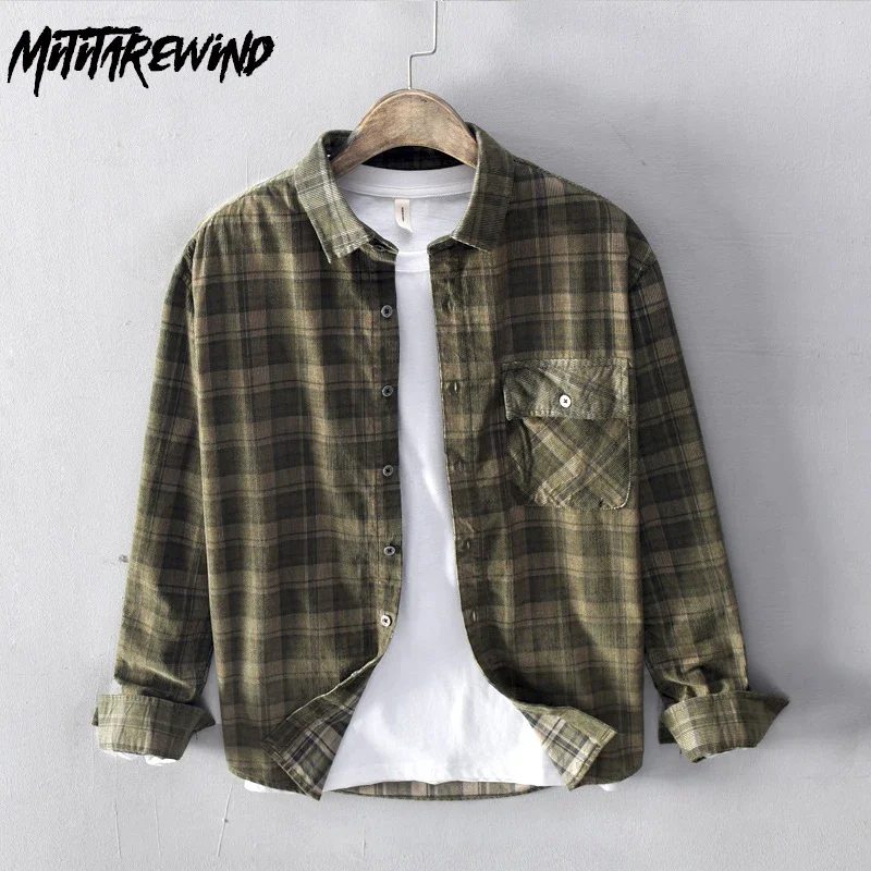 

Autumn Winter Plaid Shirt Men Pure Cotton Casual Shirts Solid Corduroy Square Collar Long Sleeve Shirt Vintage Clothes Tops Men