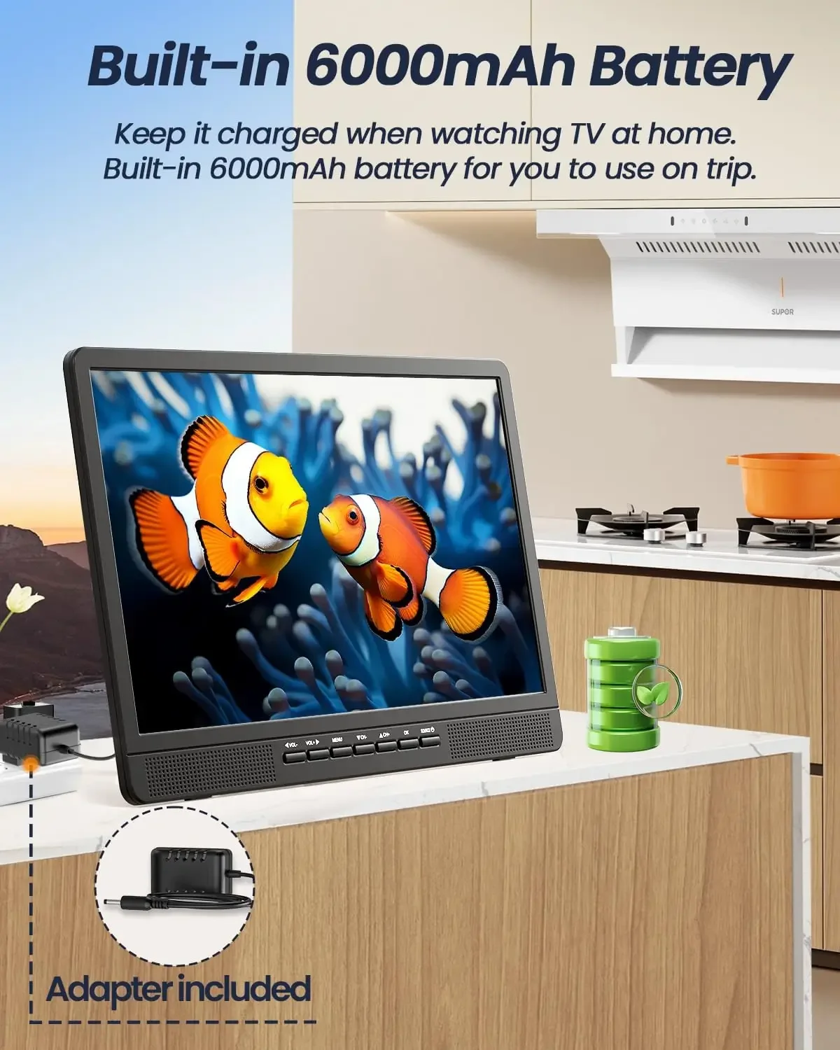 キャンプ用ポータブルTV,6000mAhバッテリー,停電用TV,内蔵スタンド,1080p HDMI入力付きポータブルスクリーン,AV入力
