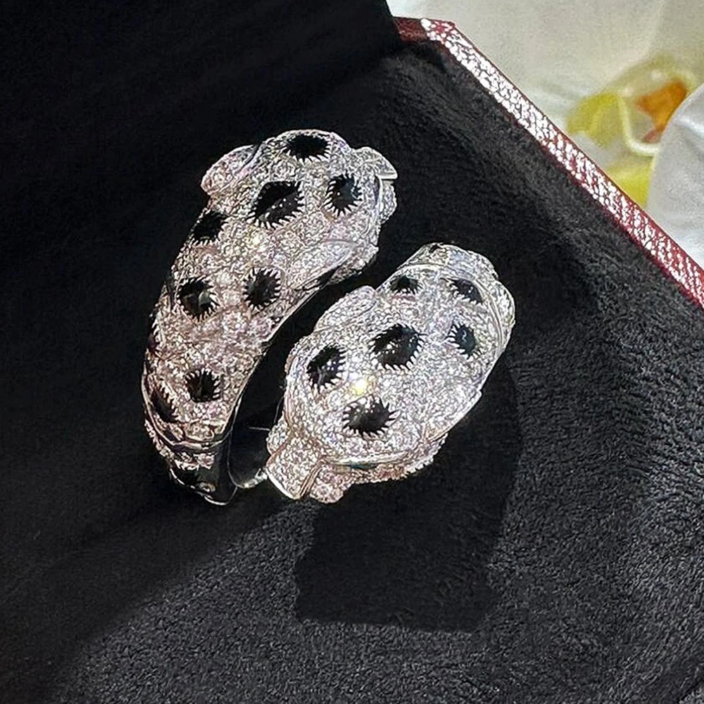 925 Sterling Silver Black Spots CZ Carbon Diamond Double Panther Leopard Open Rings Luxury Designer Jewelry for Men Women Couple