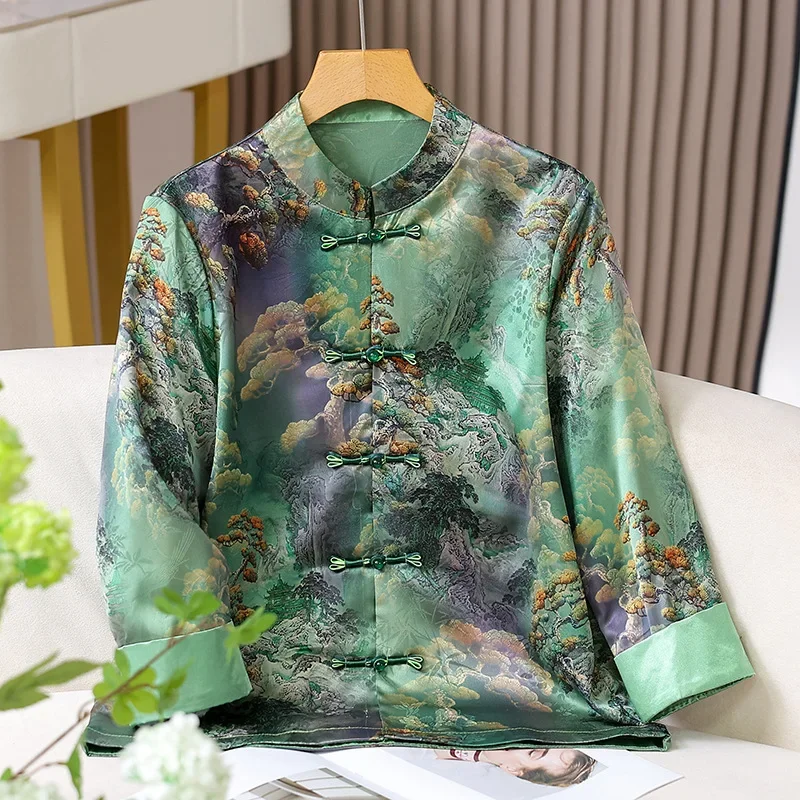 

Зеленая куртка Тан с длинными рукавами и принтом воротника-стойки Hanfu Qipao, женская осенне-весенняя новая куртка в китайском стиле, большой размер