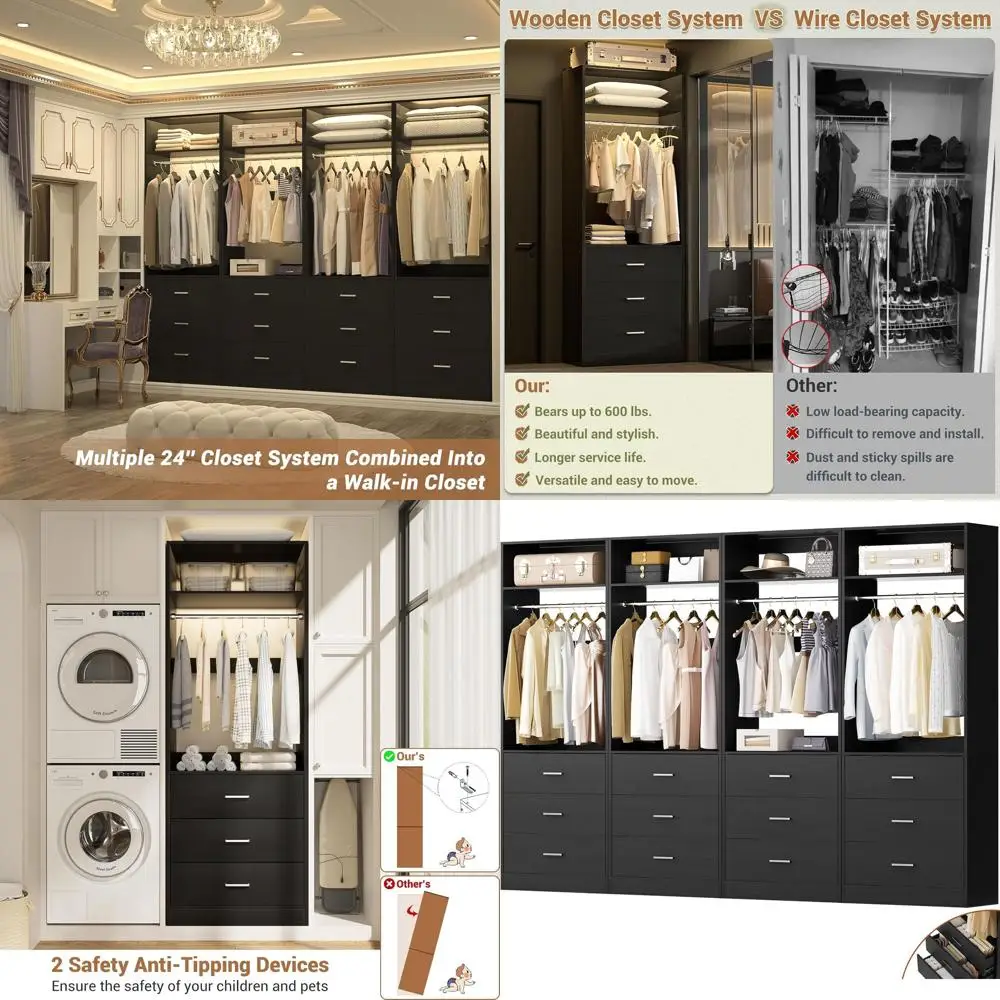 

Closet System Set o 4, 8T Closet Systems with 12 Wood Ders, 96" Closet Organizer System with 4 Hanging Rods & 4 Shelves, Heavy D