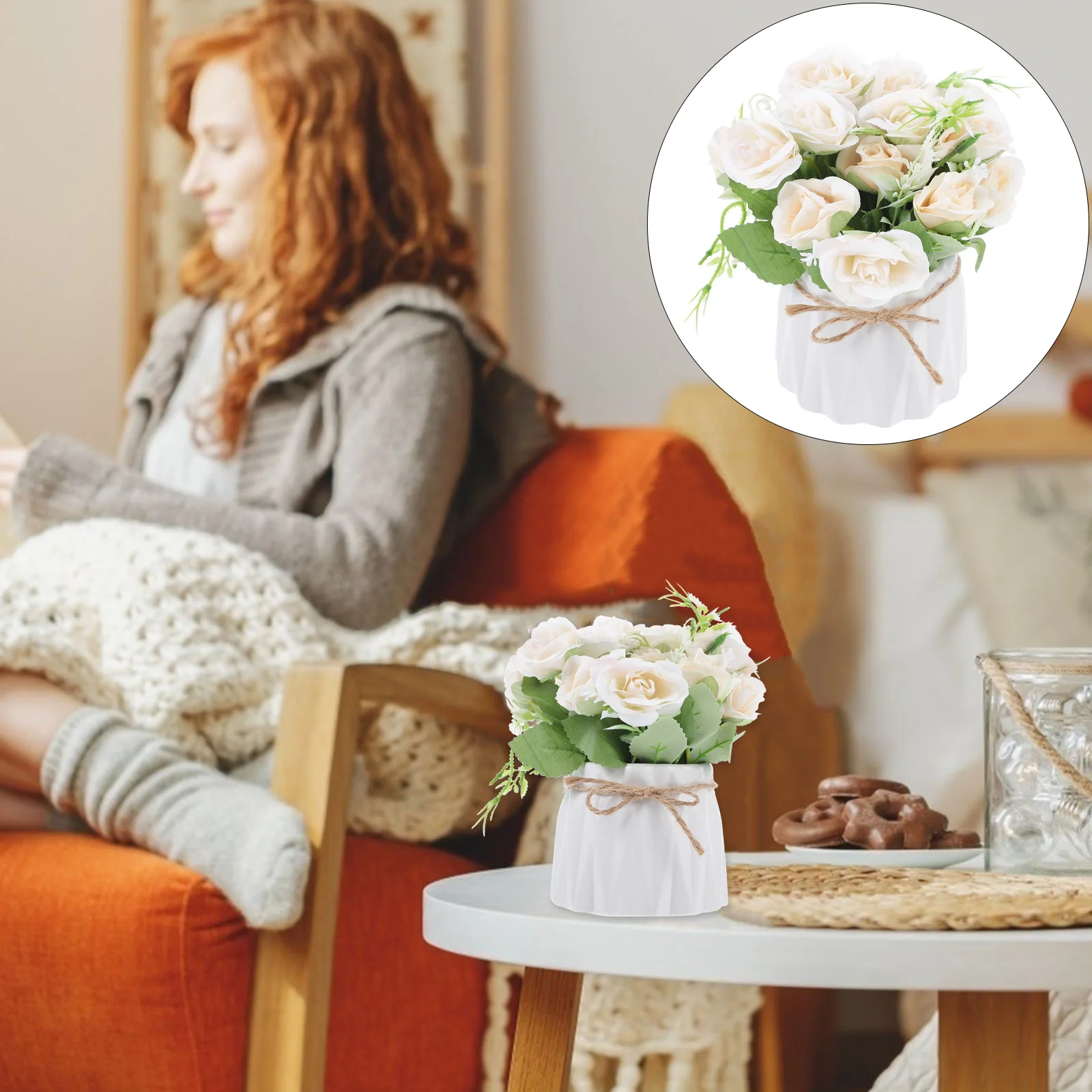 

Artificial Bonsai Simulation Rose Fake Flowerpot Ceramic Pot for Home Office Decoration Artificial Bonsai