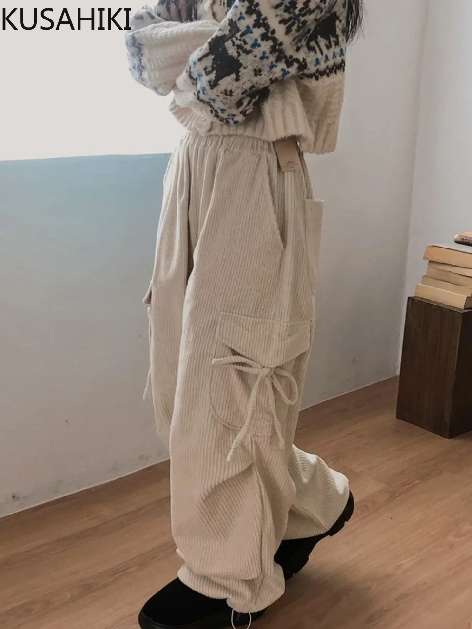 

KUSAHIKI Korean Cute Girl Bow Tie Pocket Cargo Pant Corduroy Safari Style Wide Leg Casual Pants
