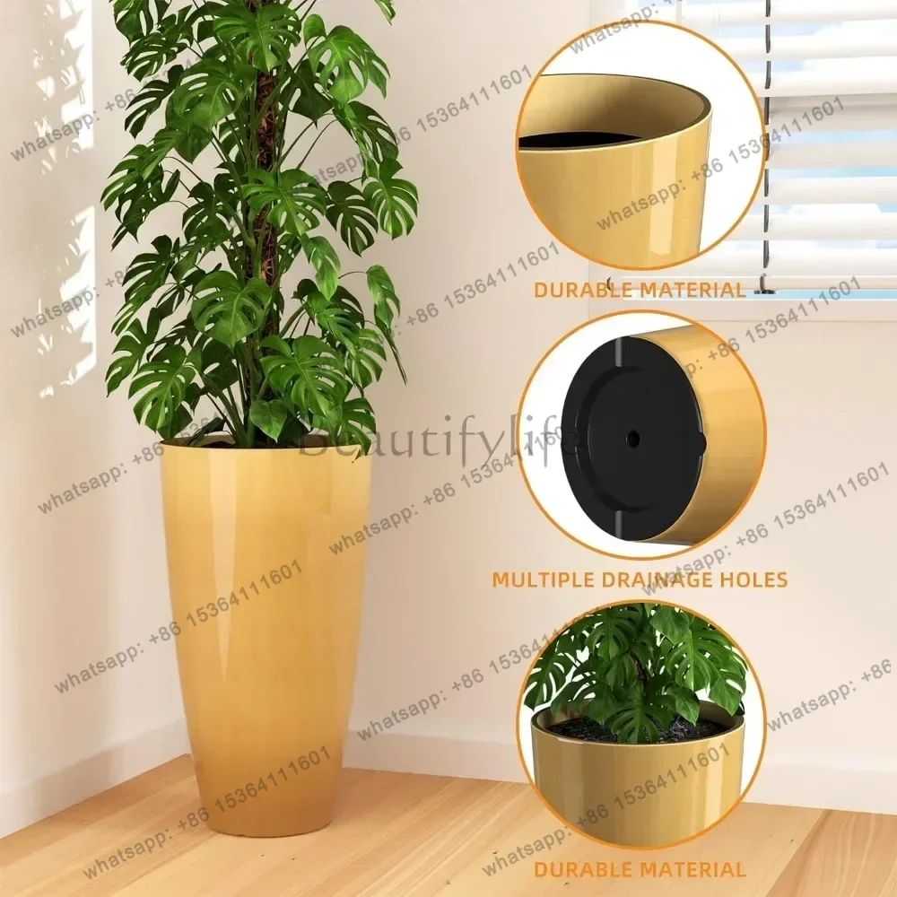 Plant Pot Planters for Outdoor Plants Set ,Tall Indoor Planters with Drainage Hole,Flower Pots Containers,Golden