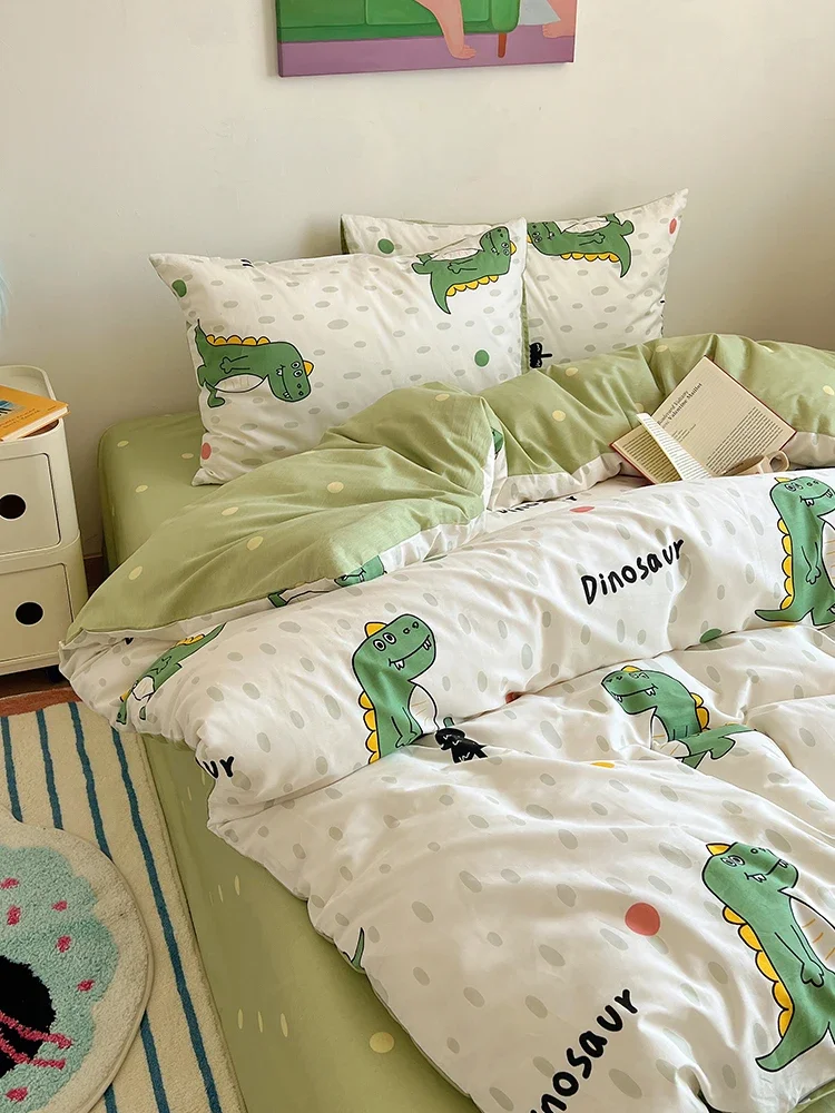 

Cartoon little dinosaur cotton combed cotton four-piece set girl heart pure cotton bedding kit dormitory