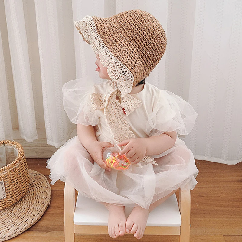 Summer Baby Sun Hat Lace Straw Kids Bucket Hats for Girls Accessories Beach Travel Children Cap Princess Baby Girl Hat 2-5Y