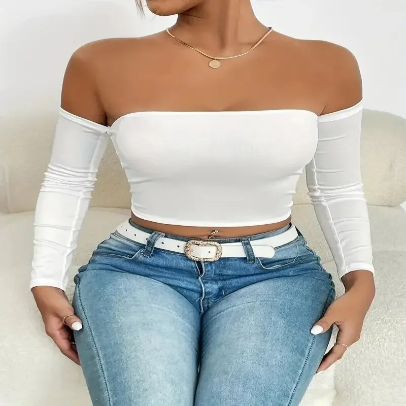 Sexy Off Shoulder Long Sleeve Crop Top Women Elegant Solid Color Slim Fit Sleeve Vest Chic White T Shirt Women Y2k Clothes