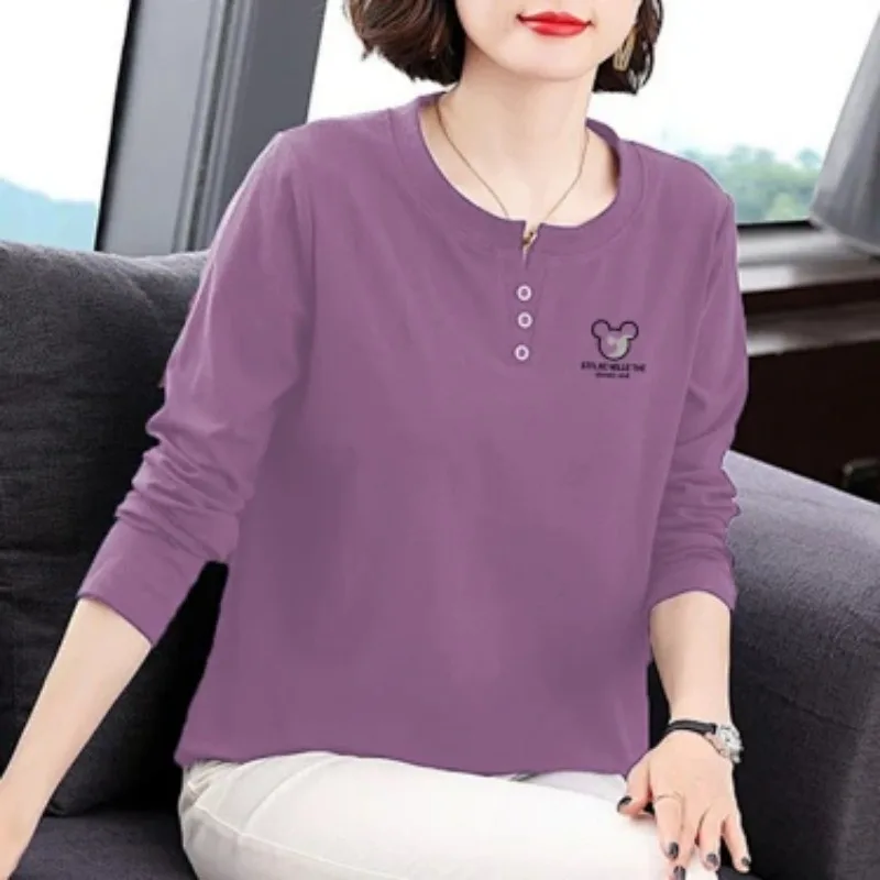 Mothers Spring Autumn Long Sleeve T-shirt Pure Cotton Button Notch Collar Cartoon Print Loose Women Top