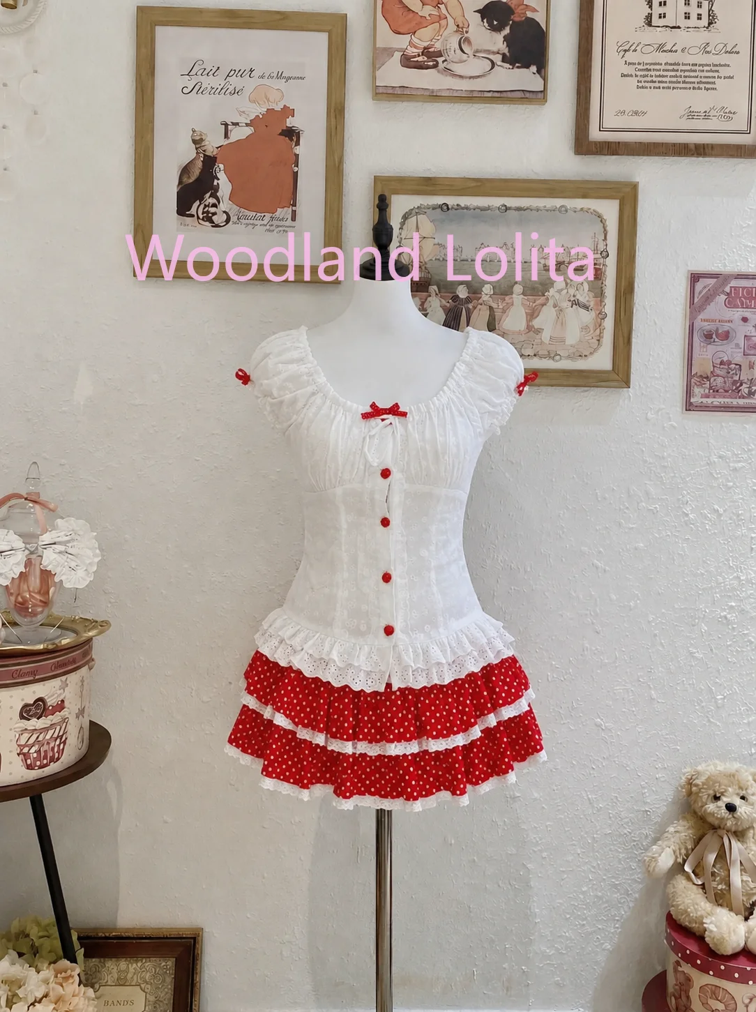

Sweet Style Patchwork Two Piece Set Women Chic Lace Short Sleeve Shirt + Red Cake Skirt Suit Summer Fashion Casual Party Sets