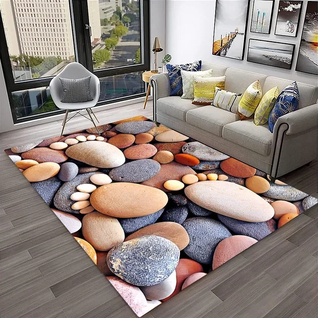 

3D Stone Pebbles Footprint Beach Carpet Rug for Home Living Room Bedroom Sofa Doormat Decor,Kid Play Area Rug Non-slip Floor Mat