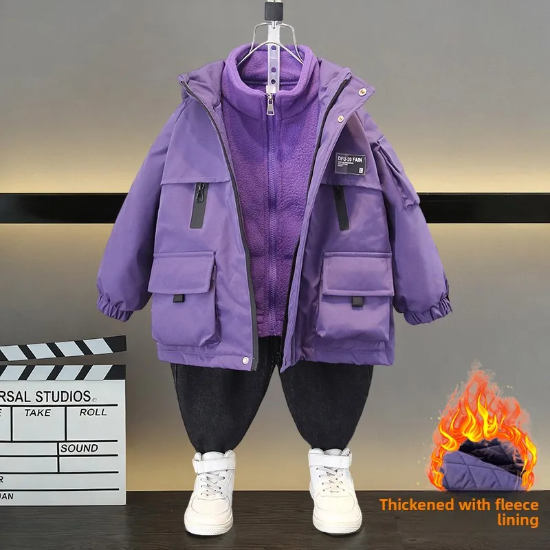 

Thiened Cotton Polyester Hooded Jaet for Boys Autumn Winter Outdoor Warm Windproof Tee-in-One Fce Lined Clothes