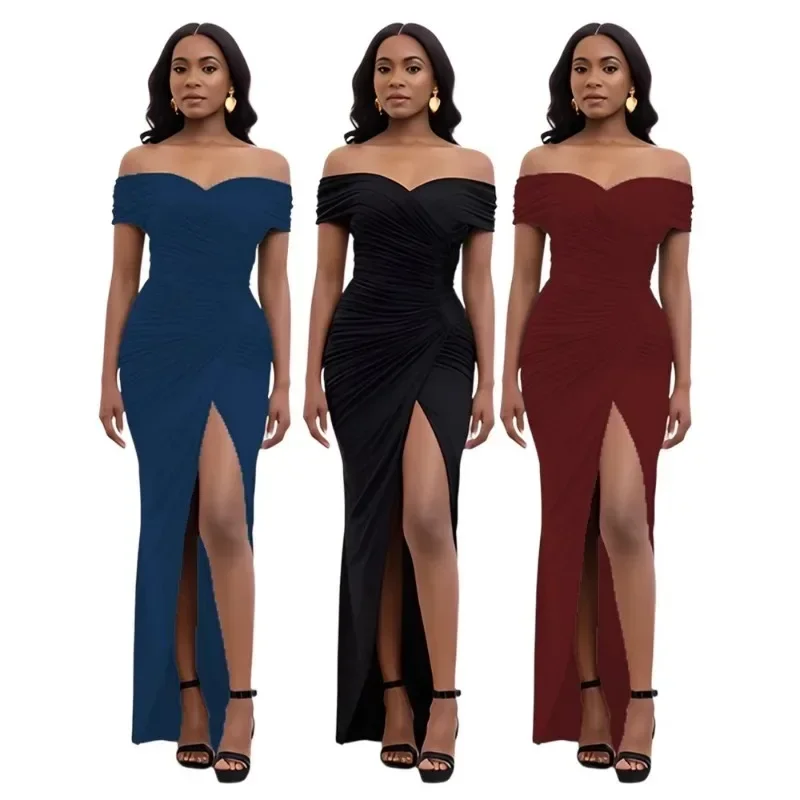 New women's ultra long elegant off shoulder slit strapless sexy high waisted club party celebrity dress