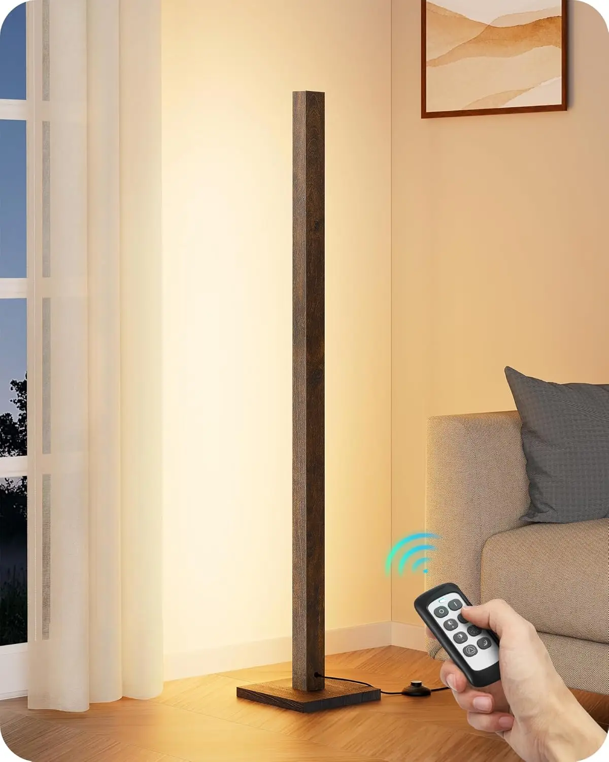 

Modern Wooden LED Corner Floor Lamp with Remote, Dimmable Standing Light for Living Room, Bedroom, Office