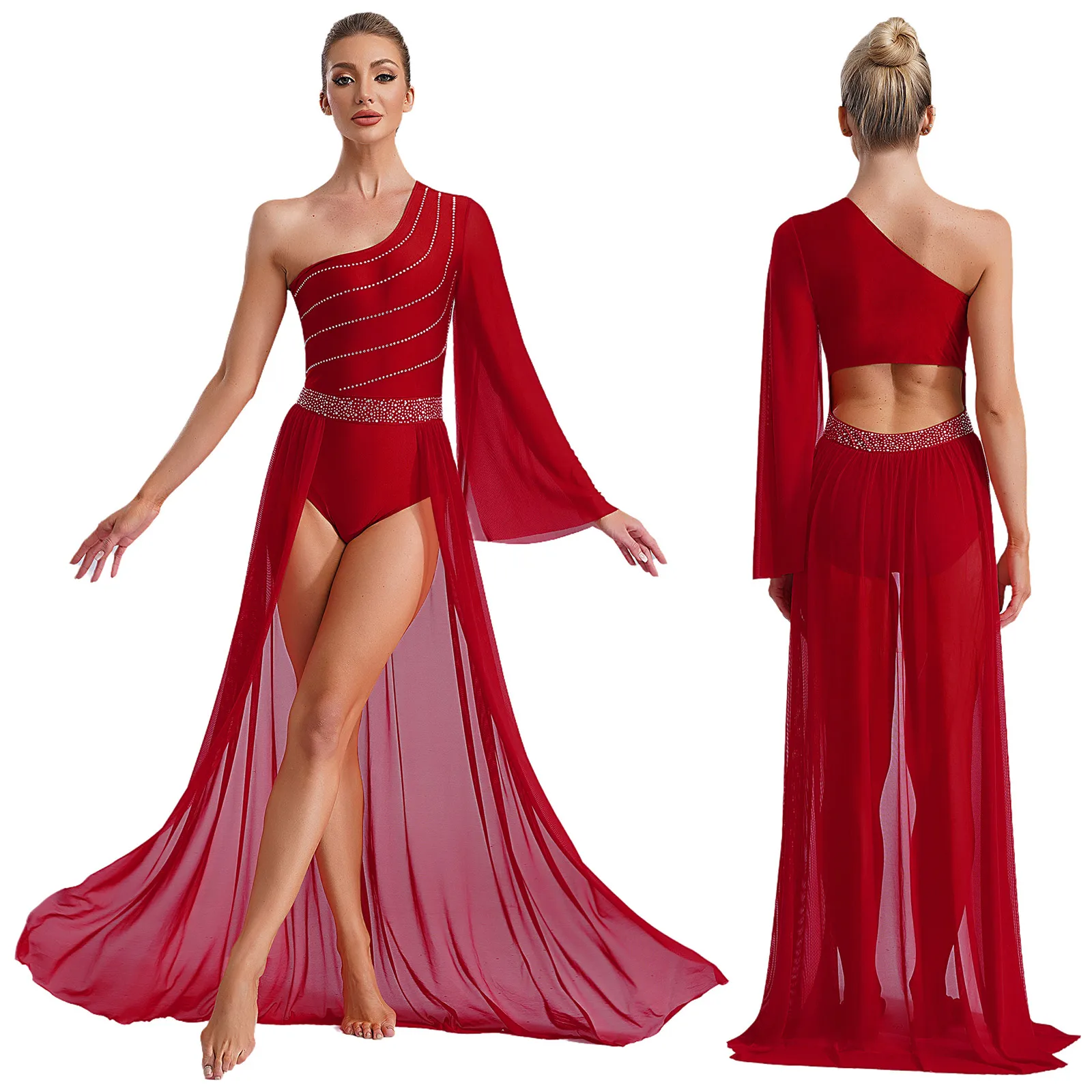 

Women Lyrical Dance Modern Dance Costume Sheer Mesh Patchwork Leotard Dress Long Skirted Dress for Stage Performance Competition