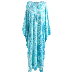 Luxury Designer Inspired Summer Women Kaftan Dress - 100% Jersey Silk Blue Loose Long Maxi Dress High Quality 2025 New Fashion