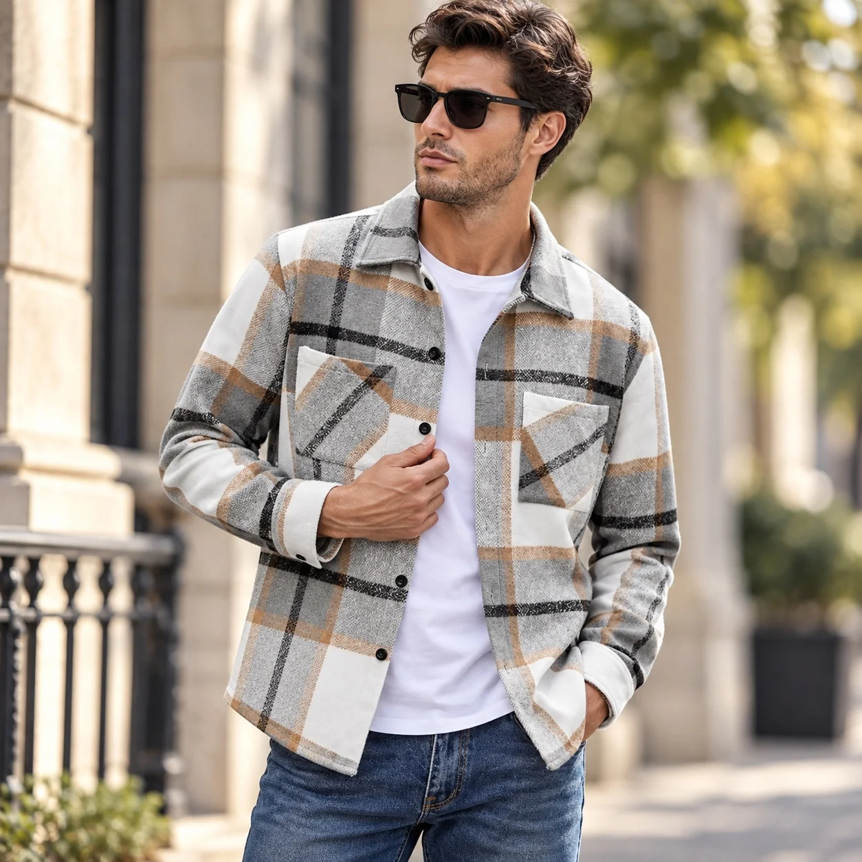 Plaid Casual Slim Fit Coat British Style Men Jacket with Open Front Digital Print Notched Lapel Long Sleeve Autumn Spring
