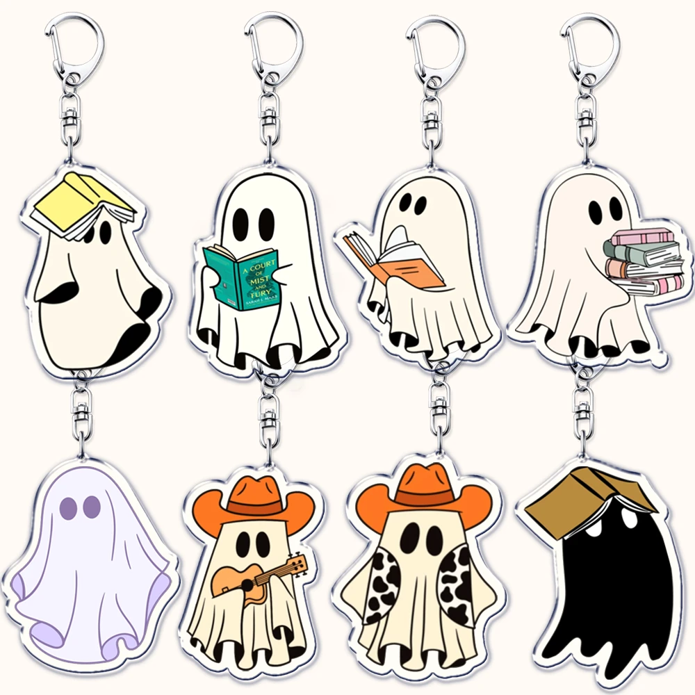 Cute Halloween Spooky Ghost Keychains for Accessories Bag Funny Autumn Skull Book Keyrings Jewelry Fans Friends Reader Gifts